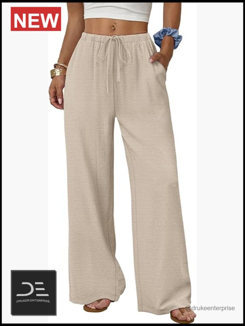 Wide Leg Palazzo Pants with Pockets, Drawstring Elastic Waist, 100% Polyester